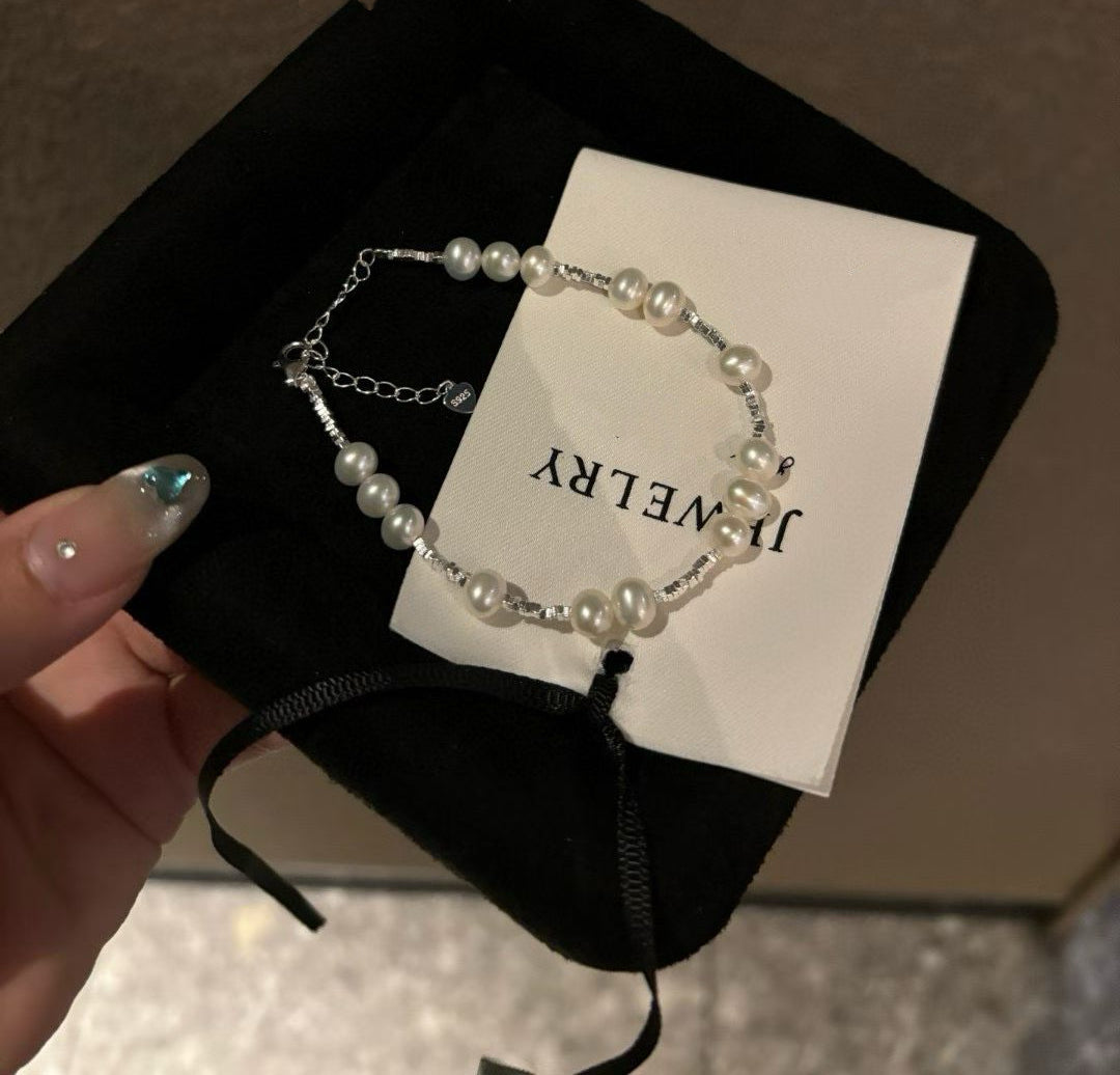 Sterling Silver Pearl Bracelet | 5–6mm Flawless Natural Freshwater Pearls | Adjustable Dainty Chain
