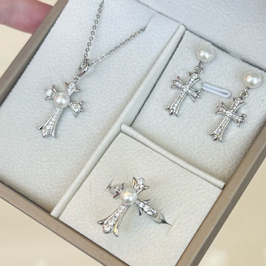 Cross Star Jewelry Set | Stud Earrings, Necklace & Ring | 5–6mm Pearls | Hypoallergenic Gift Set for Women