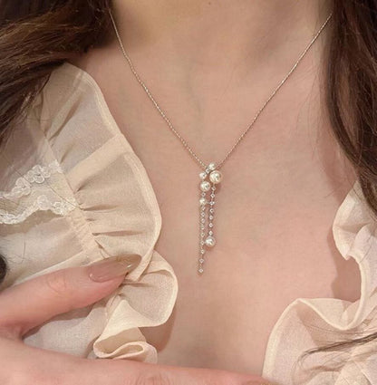 Starry Night Tassel Pearl Necklace and Earrings| 4–7mm Natural Freshwater Pearls | 14K White Gold-Filled Pendant | Galaxy-Inspired Statement Necklace for Women | Elegant Celestial Jewelry Gift