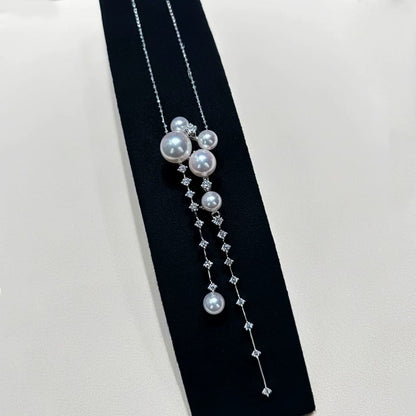 Starry Night Tassel Pearl Necklace and Earrings| 4–7mm Natural Freshwater Pearls | 14K White Gold-Filled Pendant | Galaxy-Inspired Statement Necklace for Women | Elegant Celestial Jewelry Gift