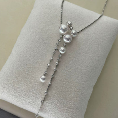 Starry Night Tassel Pearl Necklace and Earrings| 4–7mm Natural Freshwater Pearls | 14K White Gold-Filled Pendant | Galaxy-Inspired Statement Necklace for Women | Elegant Celestial Jewelry Gift