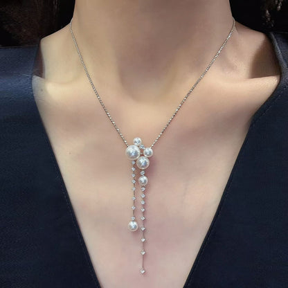 Starry Night Tassel Pearl Necklace and Earrings| 4–7mm Natural Freshwater Pearls | 14K White Gold-Filled Pendant | Galaxy-Inspired Statement Necklace for Women | Elegant Celestial Jewelry Gift