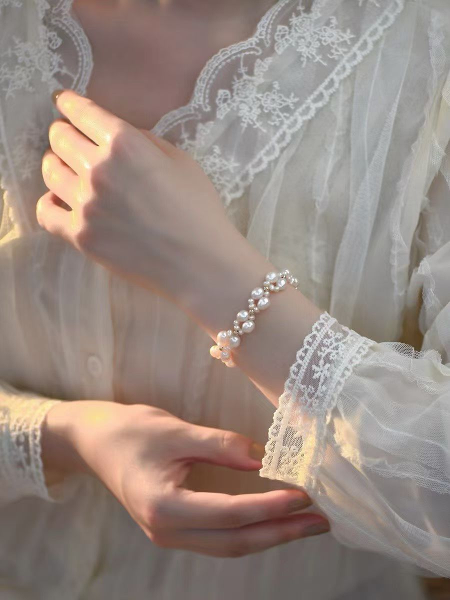 French Lace-Inspired Woven Pearl Bracelet | Handcrafted Adjustable 14K Gold-Filled Bracelet | Natural Pearls, Elegant Vintage-Style Jewelry for Women