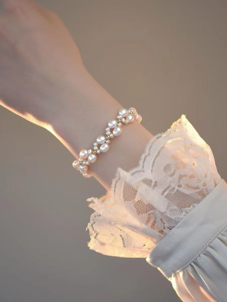 French Lace-Inspired Woven Pearl Bracelet | Handcrafted Adjustable 14K Gold-Filled Bracelet | Natural Pearls, Elegant Vintage-Style Jewelry for Women