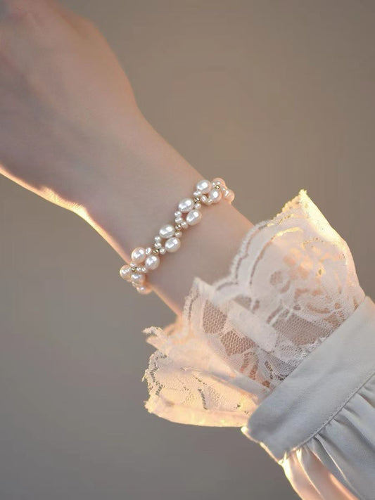 French Lace-Inspired Woven Pearl Bracelet | Handcrafted Adjustable 14K Gold-Filled Bracelet | Natural Pearls, Elegant Vintage-Style Jewelry for Women