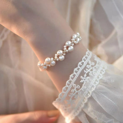 French Lace-Inspired Woven Pearl Bracelet | Handcrafted Adjustable 14K Gold-Filled Bracelet | Natural Pearls, Elegant Vintage-Style Jewelry for Women
