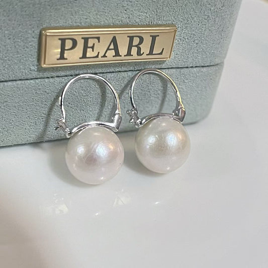 Large Pearl Levelback Earrings | 11–12mm Natural Freshwater Pearls | Rhodium-Plated Sterling Silver