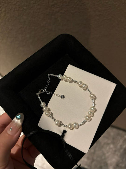 Sterling Silver Pearl Bracelet | 5–6mm Flawless Natural Freshwater Pearls | Adjustable Dainty Chain