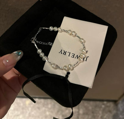 Sterling Silver Pearl Bracelet | 5–6mm Flawless Natural Freshwater Pearls | Adjustable Dainty Chain