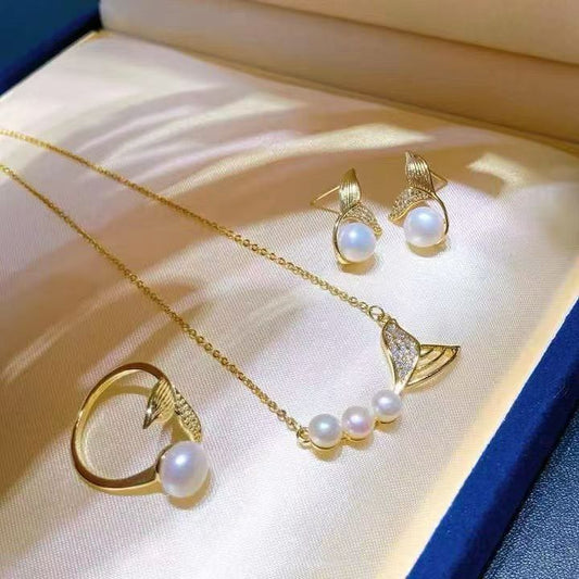 Mermaid Tail Pearl Jewelry Set | 14K Gold Filled | 5–8mm Genuine Freshwater Pearls | Necklace, Stud Earrings & Ring