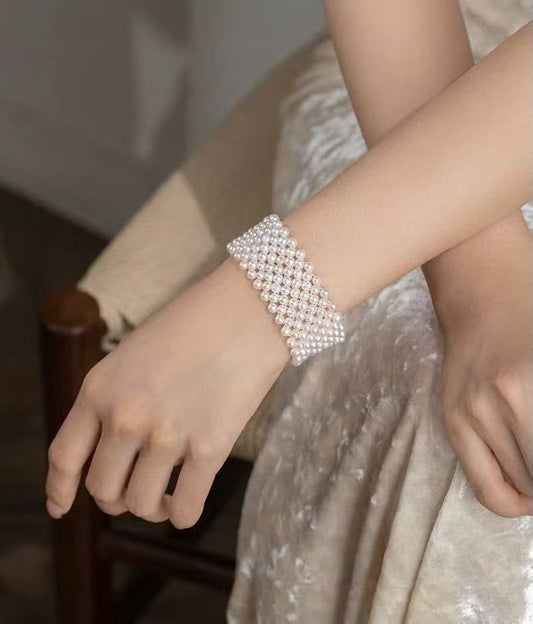 Handwoven Pearl Bracelet (Upgraded Version) | 3–4mm Genuine Freshwater Pearls | 14K White Gold Filled | Easy Buckle | Free Custom Length