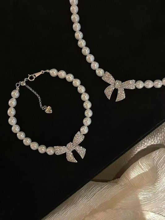 Sparkling Bow & Pearls Necklace & Bracelet Set | 6–7mm Baroque Pearls | Elegant Bridal Jewelry Gift