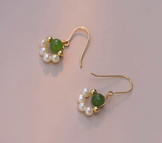 Green Jade & Pearl French Hook Earrings | 6mm Dark Green Jade Beads + 4–5mm Freshwater Pearls | Handcrafted Jewelry for Women