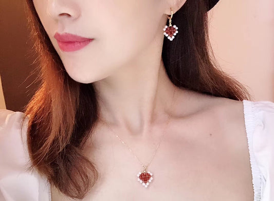 Handcrafted Red Agate & Pearl Earrings and Necklace Set
